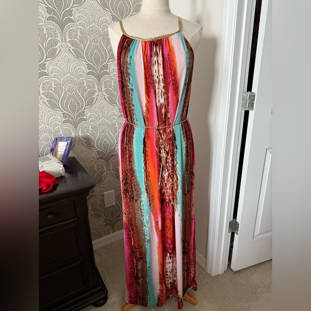Colorful Maxi Dress with Gold Straps